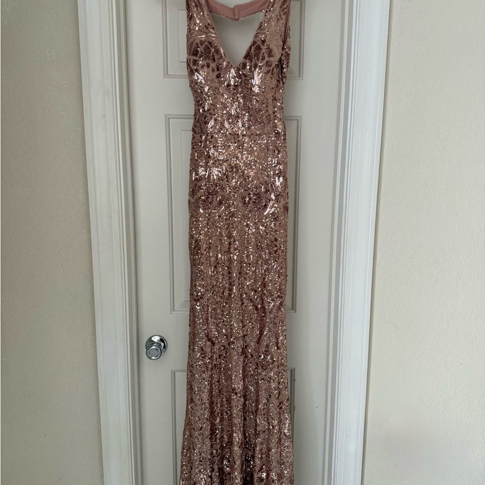 Sequin Rose Gold Maxi Evening Gown with V-Neck